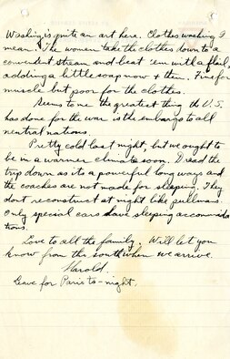 In September 1917, Lt. Harold R. Harris, who had recently completed Ground School at the University of California Berkeley, was en-route to Italy, to assist in establishing the 8th Aviation Instruction Center for the Allied Expeditionary Force in Foggia. This is page 3 of the letter Harris wrote to his family before leaving France. He asked them to send him several things, including new officer's insignia and magazines. (U.S. Air Force photo)