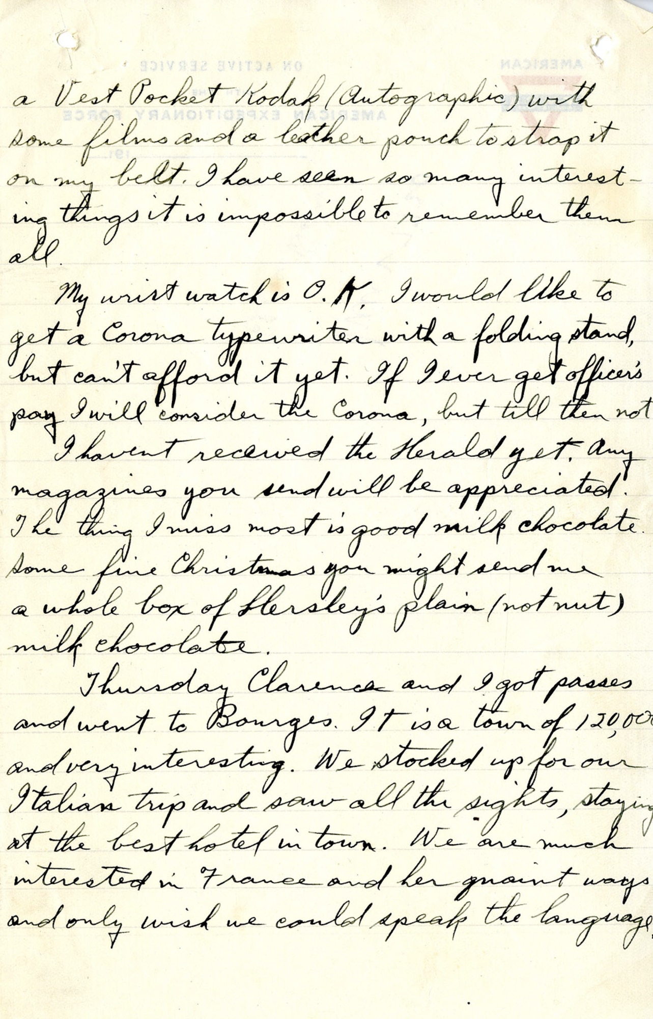 In September 1917, Lt. Harold R. Harris, who had recently completed Ground School at the University of California Berkeley, was en-route to Italy, to assist in establishing the 8th Aviation Instruction Center for the Allied Expeditionary Force in Foggia. This is page 2 of the letter Harris wrote to his family before leaving France. He asked them to send him several things, including new officer's insignia and magazines. (U.S. Air Force photo)