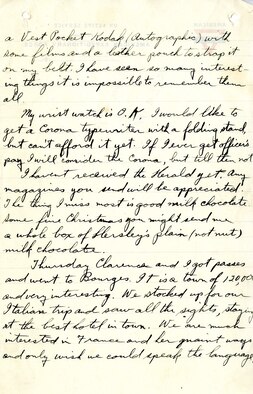 In September 1917, Lt. Harold R. Harris, who had recently completed Ground School at the University of California Berkeley, was en-route to Italy, to assist in establishing the 8th Aviation Instruction Center for the Allied Expeditionary Force in Foggia. This is page 2 of the letter Harris wrote to his family before leaving France. He asked them to send him several things, including new officer's insignia and magazines. (U.S. Air Force photo)