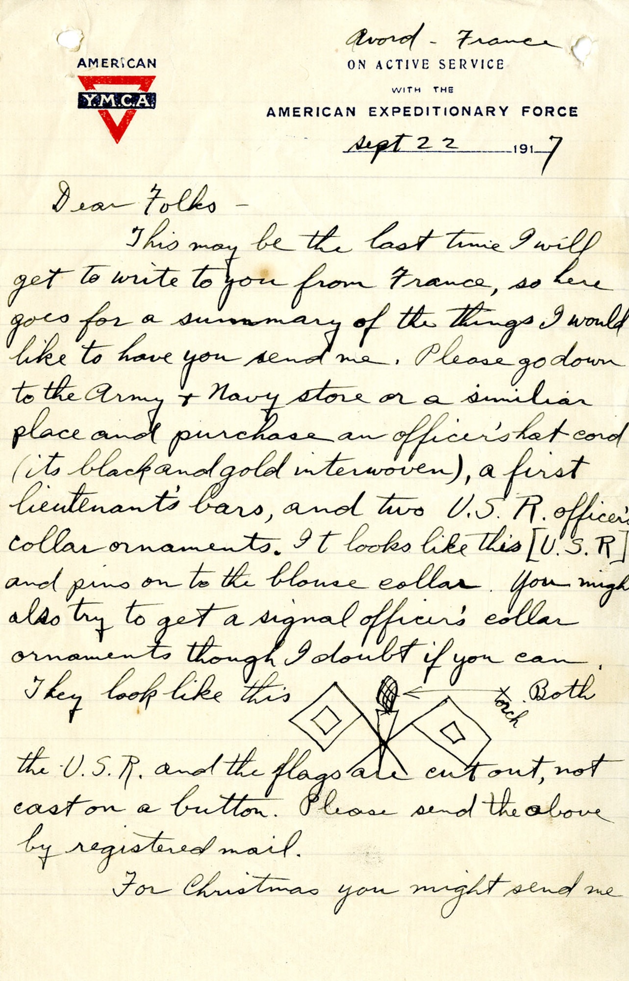 In September 1917, Lt. Harold R. Harris, who had recently completed Ground School at the University of California Berkeley, was en-route to Italy, to assist in establishing the 8th Aviation Instruction Center for the Allied Expeditionary Force in Foggia. This is page 1 of the letter Harris wrote to his family before leaving France. He asked them to send him several things, including new officer's insignia and magazines. (U.S. Air Force photo)