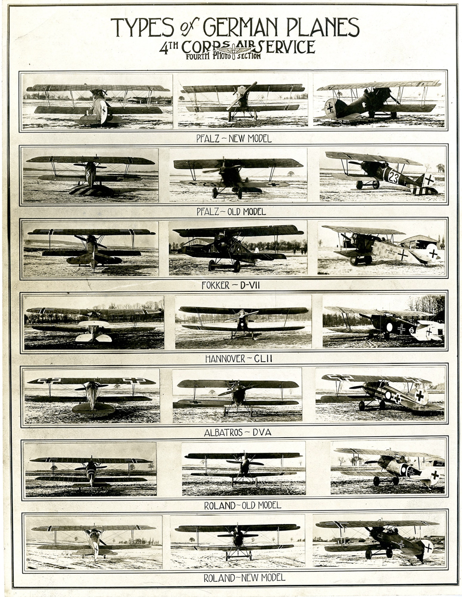 This aircraft recognition collage, created by the 4th Photo Section, IV Corps Observation Group, assisted AEF personnel in identifying different types of operational German aircraft. (U.S. Air Force photo)