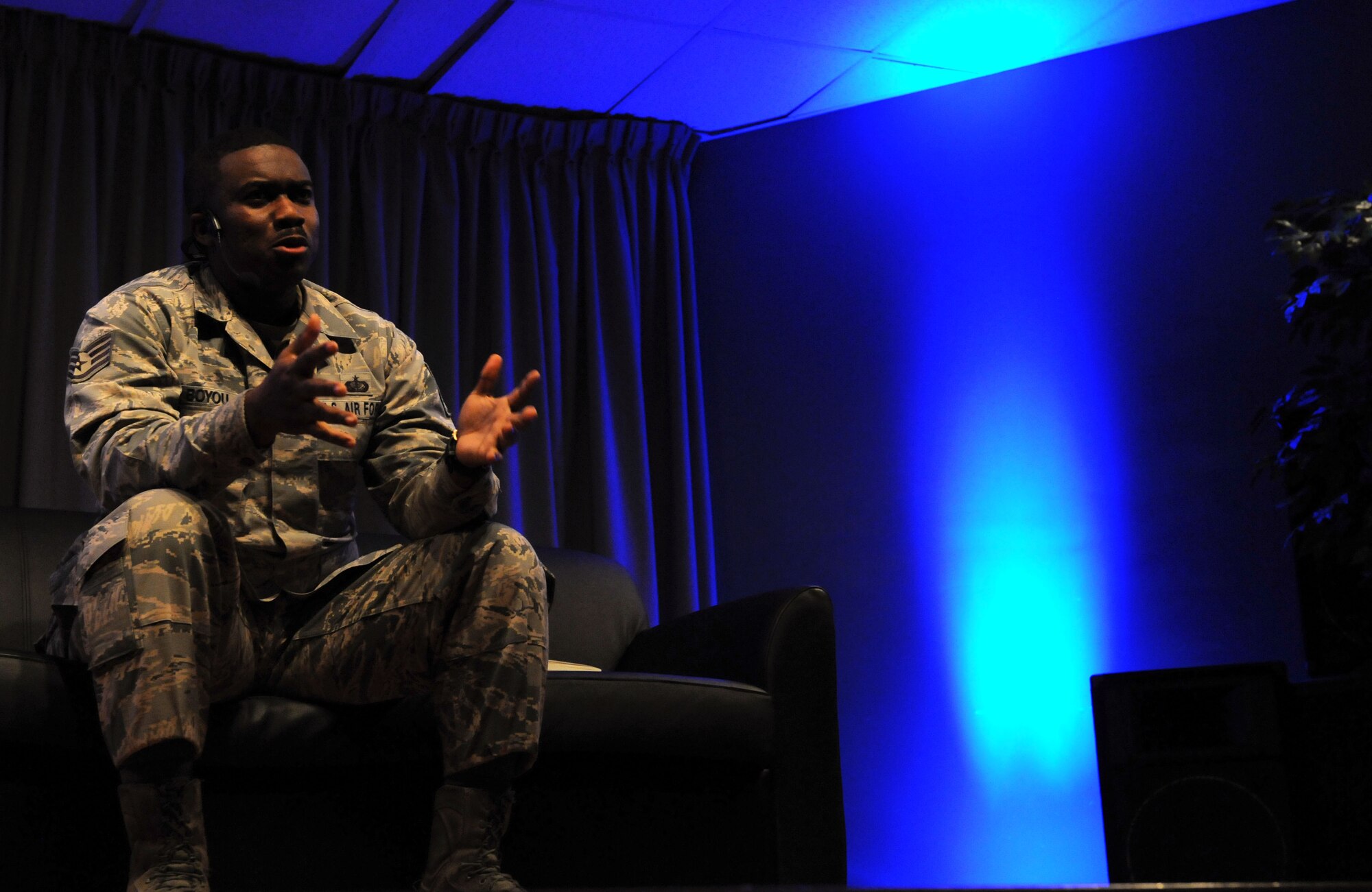 Staff Sgt. Joseph Boyou, 2nd Air Force data analyst, tells his story of escaping from Liberia in West Africa with his family to avoid becoming a child soldier, during an installment of Air Force Storytellers, Feb. 5 at the Vandenberg Community Center. Created in 2012, Storytellers is an initiative grown from former Chief Master Sgt. of the Air Force James Roy’s open-ended question: “Every Airman has a story. What’s yours?” (U.S. Air Force photo by Airman 1st Class Duncan McElroy/Released)