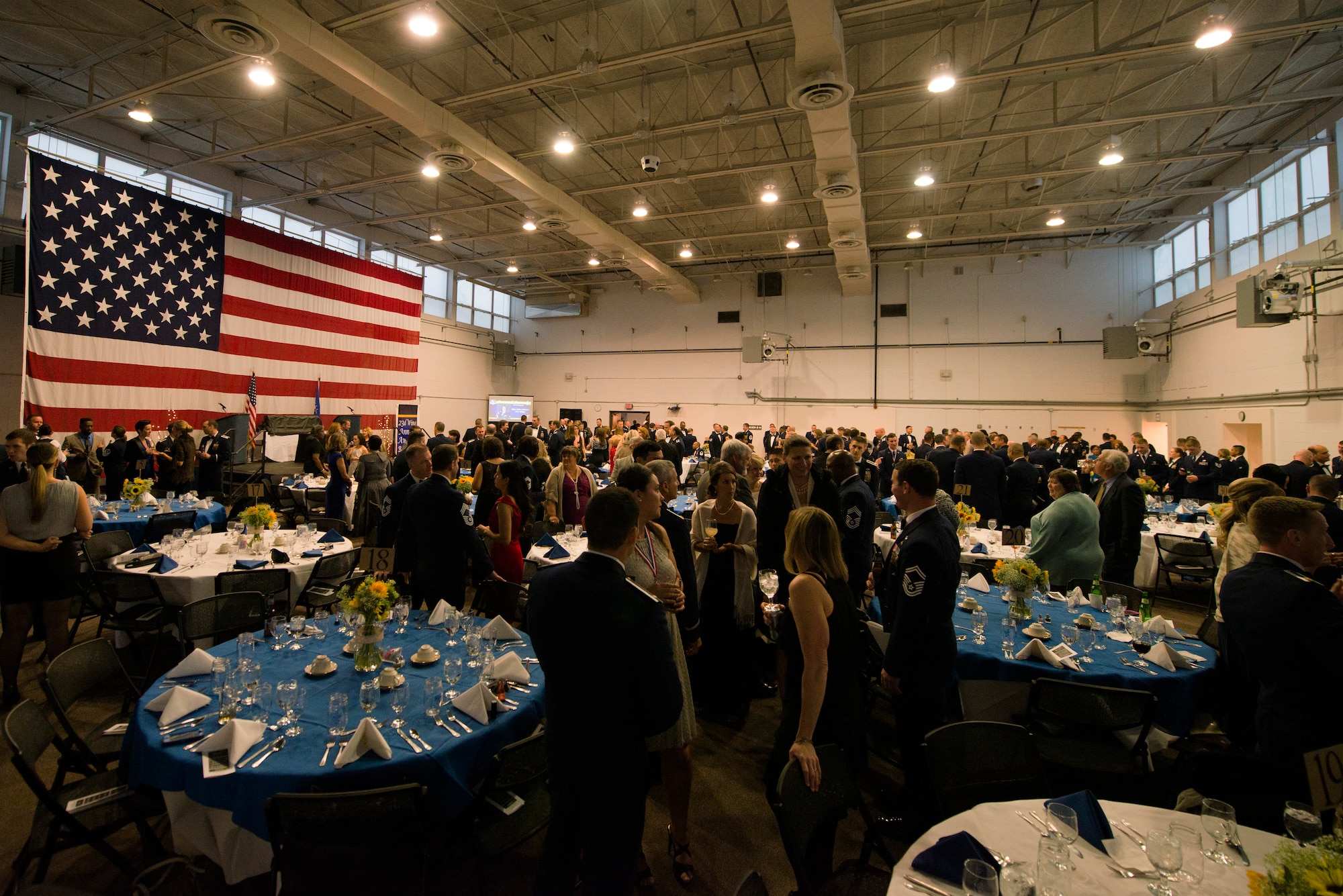 Airmen, their families and Valdosta community members attend the 2014 Annual Awards Ceremony Feb. 6, 2015, at Moody Air Force Base, Ga. Attendees participated in a social hour, enjoyed a banquet and watched the awards presentation. (U.S. Air Force photo by Airman 1st Class Dillian Bamman/Released)