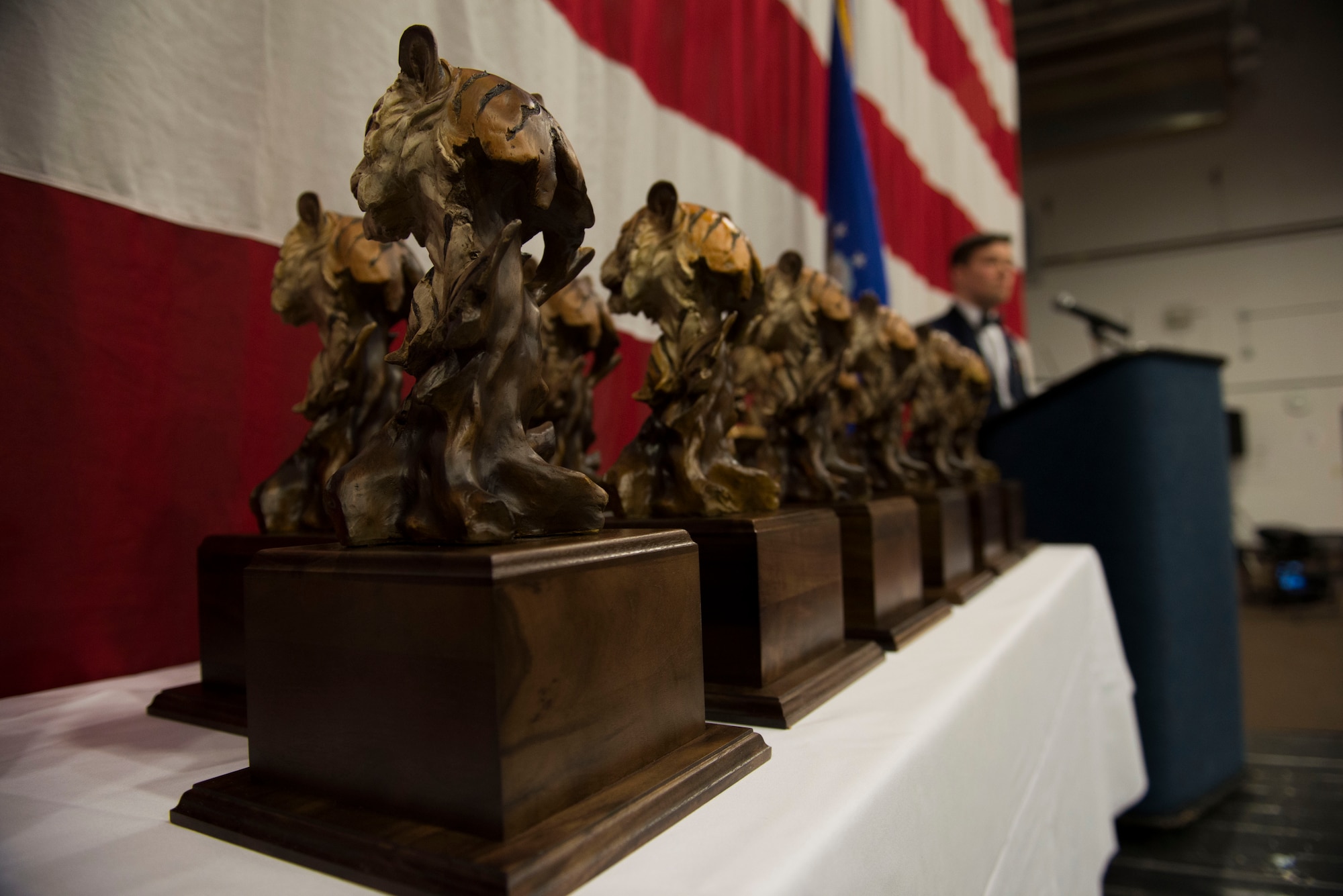Flying Tiger trophies rest on display during the 2014 Annual Awards Ceremony Feb. 6, 2015, at Moody Air Force Base, Ga. Out of 69 nominees, 11 Moody Airmen received awards in recognition of their achievements and duty service in 2014. (U.S. Air Force photo by Airman 1st Class Dillian Bamman/Released)