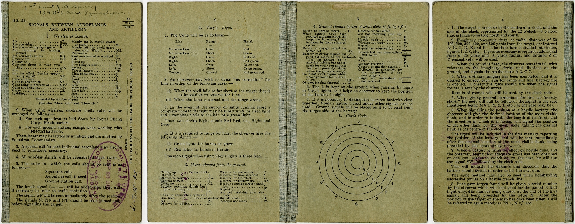 This Royal Flying Corps instruction book and signal guide was produced on heavy card stock and provided quick reference for pilots and observers directing artillery fire by airplane. This guide belonged to Lt. John A. Sperry, a pilot with the 139th Aero Squadron. In August 1918, Sperry was reassigned to the 22nd Aero Squadron and became one of the unit's first flight commanders. On Aug. 21, 1918, Sperry, flying his SPAD XIII, made the squadron's first combat patrol in preparation of the approaching St. Mihiel offensive. (U.S. Air Force photo)