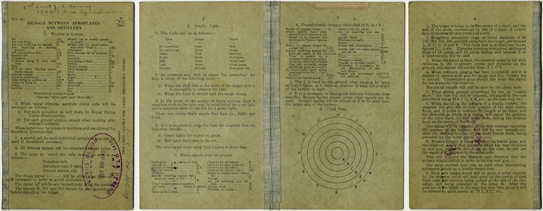 This Royal Flying Corps instruction book and signal guide was produced on heavy card stock and provided quick reference for pilots and observers directing artillery fire by airplane. This guide belonged to Lt. John A. Sperry, a pilot with the 139th Aero Squadron. In August 1918, Sperry was reassigned to the 22nd Aero Squadron and became one of the unit's first flight commanders. On Aug. 21, 1918, Sperry, flying his SPAD XIII, made the squadron's first combat patrol in preparation of the approaching St. Mihiel offensive. (U.S. Air Force photo)