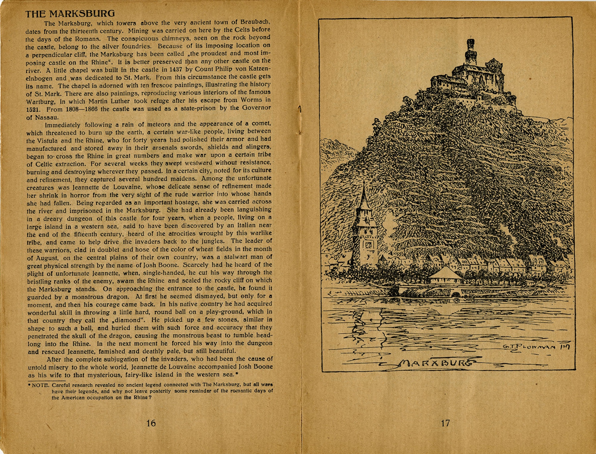 This sightseeing brochure was produced by the YMCA for soldiers serving with the American Army of Occupation headquartered at Coblenz, Germany. This pamphlet, produced in February 1919, was written by Alfred J. Pearson of Duke University and illustrated by George T. Plowman. It summarizes the history and legends of the many castles and historic locations bordering the Rhine River near Coblenz. (U.S. Air Force photo)