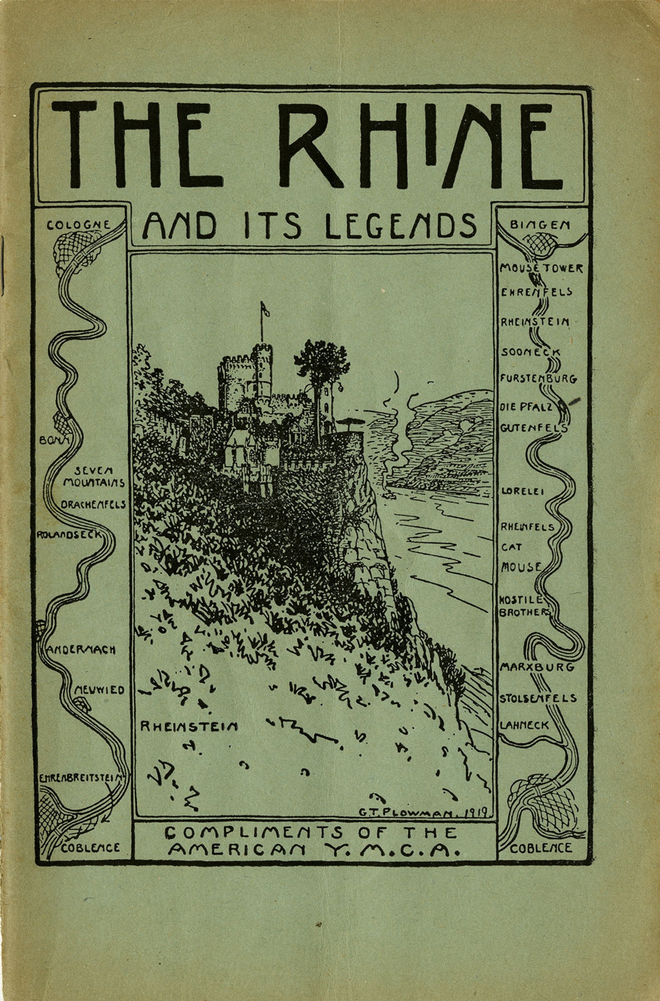 This sightseeing brochure was produced by the YMCA for soldiers serving with the American Army of Occupation headquartered at Coblenz, Germany. This pamphlet, produced in February 1919, was written by Alfred J. Pearson of Duke University and illustrated by George T. Plowman. It summarizes the history and legends of the many castles and historic locations bordering the Rhine River near Coblenz. (U.S. Air Force photo)