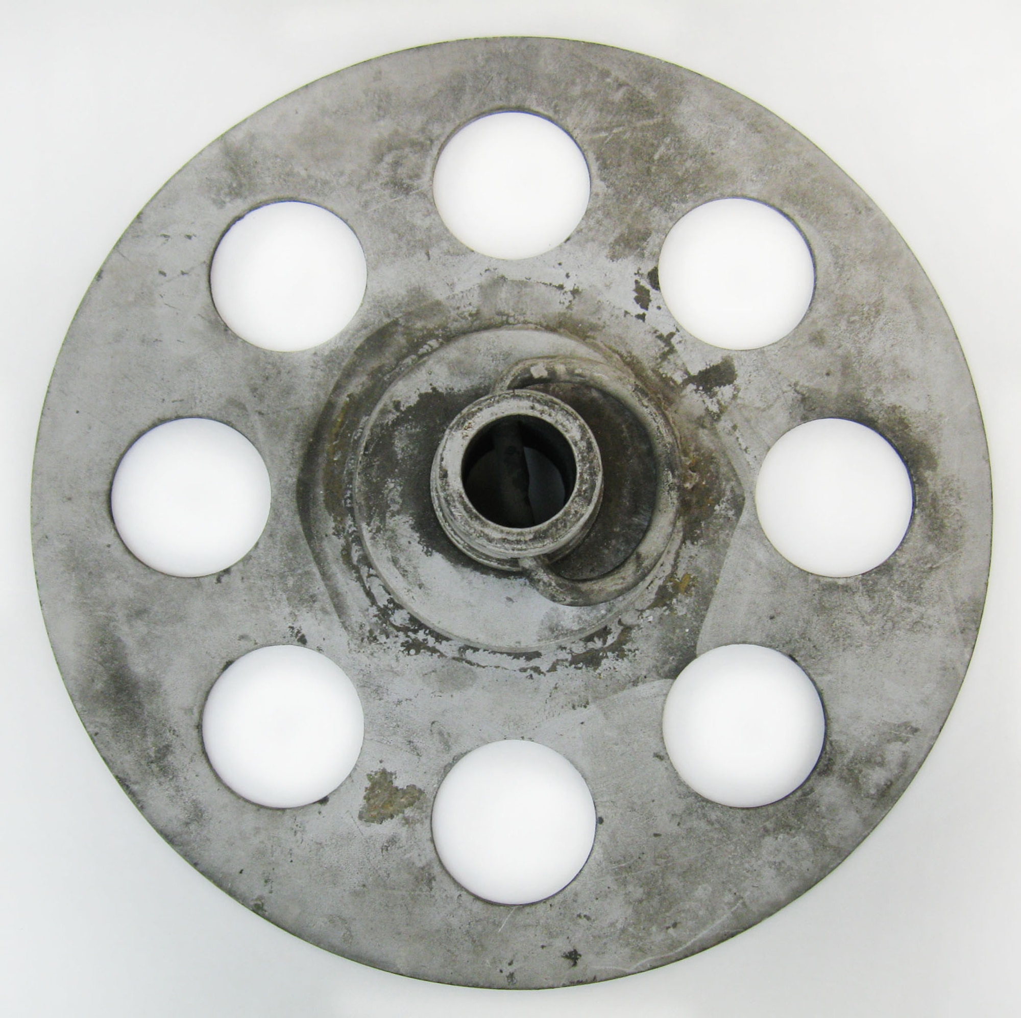 This item is a metal anchor plate that was developed to be the ground contact for an observation balloon attached to it by mooring lines. (U.S. Air Force photo)