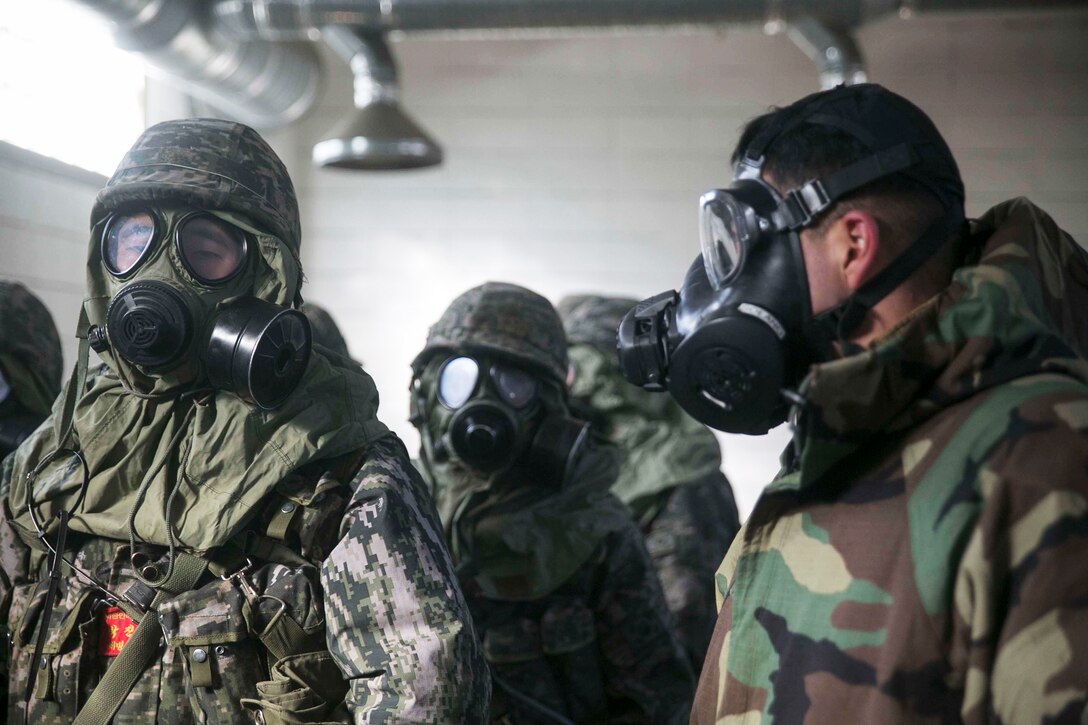 U.S. Marine Corps Sgt. Byron M. Solano, right, inspects that the South Korean Marines’ masks are on properly during the Korean Marine Exchange Program 15-17 on the Cham Sae Mi Close-Quarters Battle Training Facility in Pohang, South Korea, Feb. 9, 2015. 
