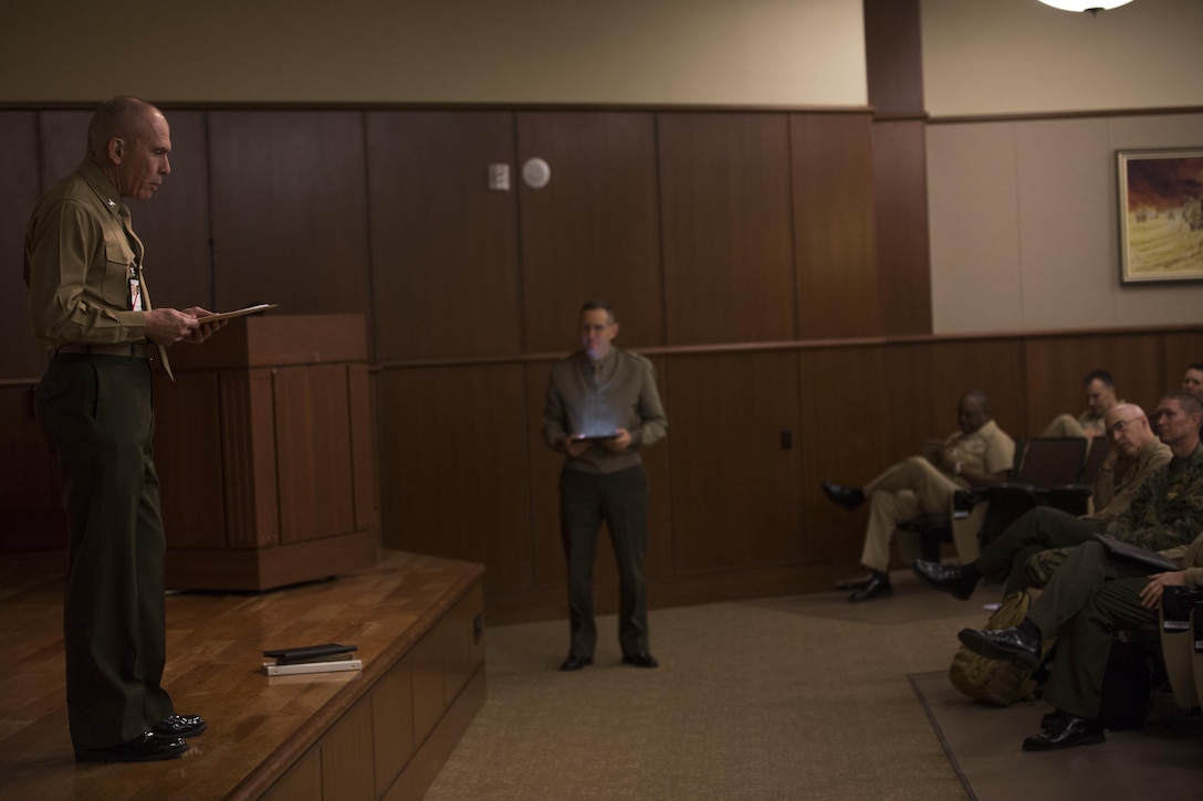 Capt. John A. McGurty Jr., Marine Forces Reserve force surgeon, addresses Navy personnel during the annual Marine Forces Reserve Surgeon’s Conference at Marine Corps Support Facility New Orleans, Feb. 6, 2015. Navy medical personnel gather at this conference once a year to year to collaborate on how to improve medical readiness by discussing the best business practices and sharing ideas.