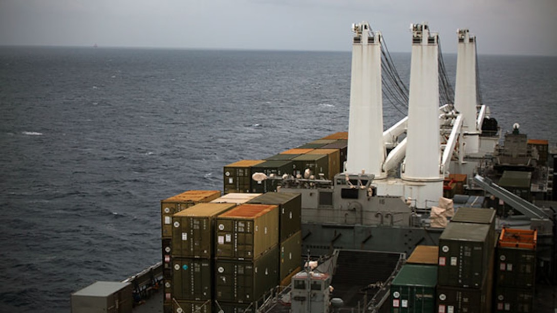 The Maritime Prepositioning Force ship, USNS Pililaau, is loaded with equipment to support the various missions of the Marine Corps, such as training exercise Cobra Gold 2015. The MPF enables a rapid response to assemble and deploy a Marine Air-Ground Task Force or individual Marine units forward deployed anywhere in the world to execute a mission.