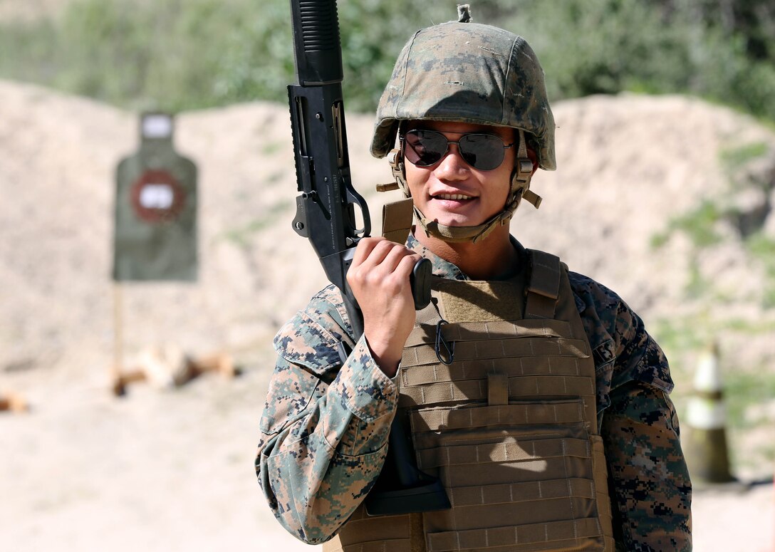 Marines from Headquarters and Support Battalion learned basic marksmanship skills using the M1014 combat shotgun and the M9 service pistol at range 206, Feb. 11. The Marines competed in friendly competitions to improve team morale such as a sprint followed by a speed load and shoot. 