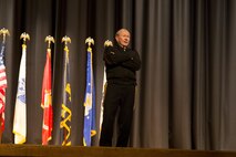 Gen. Martin E. Dempsey, the 18th Chairman of the Joint Chiefs of Staff, talks with Marines of II Marine Expeditionary Force during his visit to Camp Lejeune, N.C., Feb. 6, 2015. “Thank you for what you do every day,” said Dempsey. “I know with certainty that you all are eager on deployment and ready to deploy.” Dempsey had the opportunity to meet with the leadership of II Marine Expeditionary Force, enjoyed a luncheon with the unit’s Marines and their spouses and took part in a town hall where he answered questions from several Marines. (U.S. Marine Corps photo by Pfc. Dalton A. Precht/Released)