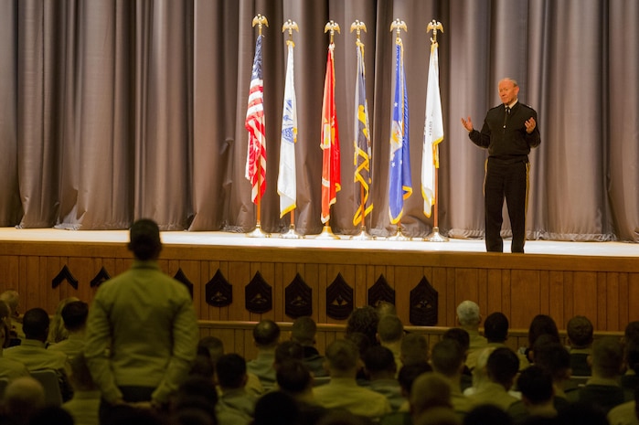 Gen. Martin E. Dempsey, the 18th Chairman of the Joint Chiefs of Staff, responds to a question about leadership during a town hall event aboard Camp Lejeune, N.C. Feb. 6, 2015. Dempsey discussed professional relationships between leaders and their subordinates in response to the question. Throughout the town hall event Dempsey was asked many questions ranging from jobs after the Marine Corps and the downsizing of the Corps to budget and leadership outlooks. Dempsey also met with the command of II Marine Expeditionary Force and enjoyed a luncheon with Marines and their spouses. (U.S. Marine Corps photo by Pfc. Dalton A. Precht/released)