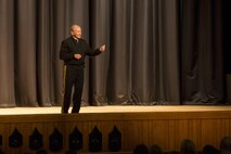 Gen. Martin E. Dempsey, the 18th Chairman of the Joint Chiefs of Staff, responds to a question during a town hall event aboard Camp Lejeune, N.C., Feb. 6, 2015. Dempsey answered questions from Marines, sailors and spouses of II Marine Expeditionary Force during the event. Audience members were eager to ask Dempsey about a variety of issues, including international affairs and the topic of the downsizing of the Marine Corps. Dempsey also met with the leadership of II MEF and enjoyed a luncheon with Marines and their spouses. (U.S. Marine Corps photo by Pfc. Dalton A. Precht/released)