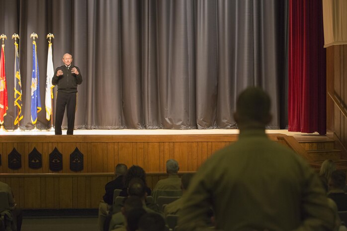 Gen. Martin E. Dempsey, the 18th Chairman of the Joint Chiefs of Staff, responds to a question during a town hall event aboard Camp Lejeune, N.C., Feb. 6, 2015. A Marine with Marine Wing Support Squadron 272, Marine Aircraft Group 26, 2nd Marine Aircraft Wing, asked: “One of the challenges that I see is Marines having a hard time finding a job after the Marine Corps. Are there any services coming up to help with the jobs?” Dempsey answered: “Most big corporations have made a commitment to hire a certain number of veterans,” responded Dempsey. “There is a genuine effort from most corporations to find opportunities for young men and women who have served.” (U.S. Marine Corps photo by Pfc. Dalton A. Precht/released)