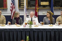 Gen. Martin E. Dempsey, the 18th Chairman of the Joint Chiefs of Staff, leads a discussion during a luncheon with II Marine Expeditionary Force Marines and spouses as part of his visit to Camp Lejeune, N.C., Feb 6, 2015. Marines and spouses had the opportunity to discuss a variety of topics and ask the Chairman questions. The discussion ranged from the current downsizing of the Marine Corps to the topic of international affairs. Dempsey also met with the leadership of II MEF and took part in a town hall event to address Marines within the unit. (U.S. Marine Corps photo by Pfc. Dalton A. Precht/Released)