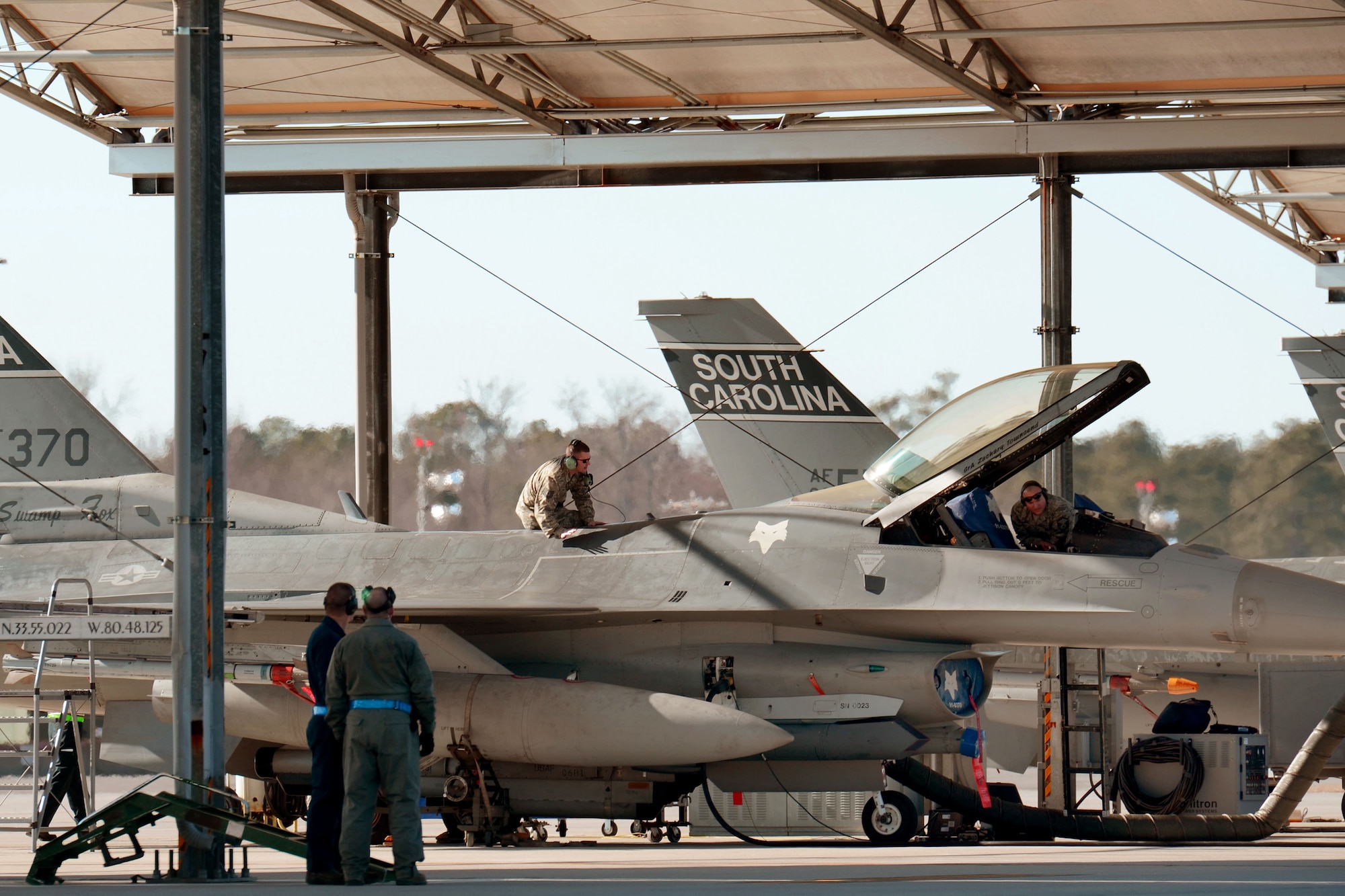 U.S. Airmen assigned to the 169th Fighter Wing at McEntire Joint National Guard Base, South Carolina Air National Guard, participate in surge flying operations Feb. 7, 2015. The surge encompasses high tempo flying as part of vital training for deployments. (U.S. Air National Guard photo by Airman 1st Class Ashleigh S. Pavelek/Released)