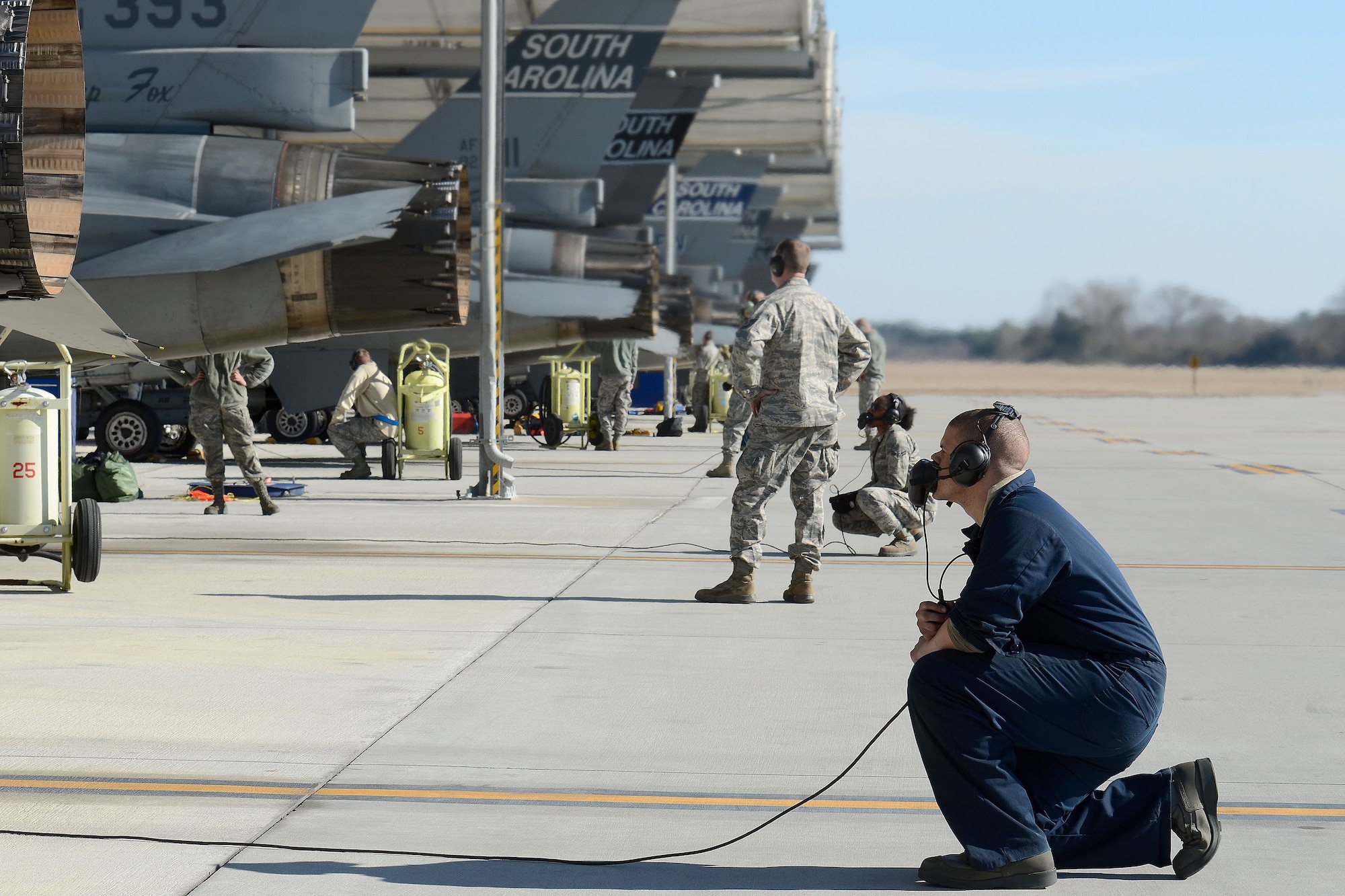 U.S. Airmen assigned to the 169th Fighter Wing at McEntire Joint National Guard Base, South Carolina Air National Guard, participate in surge flying operations Feb. 7, 2015. The surge encompasses high tempo flying as part of vital training for deployments. (U.S. Air National Guard photo by Airman 1st Class Ashleigh S. Pavelek/Released)