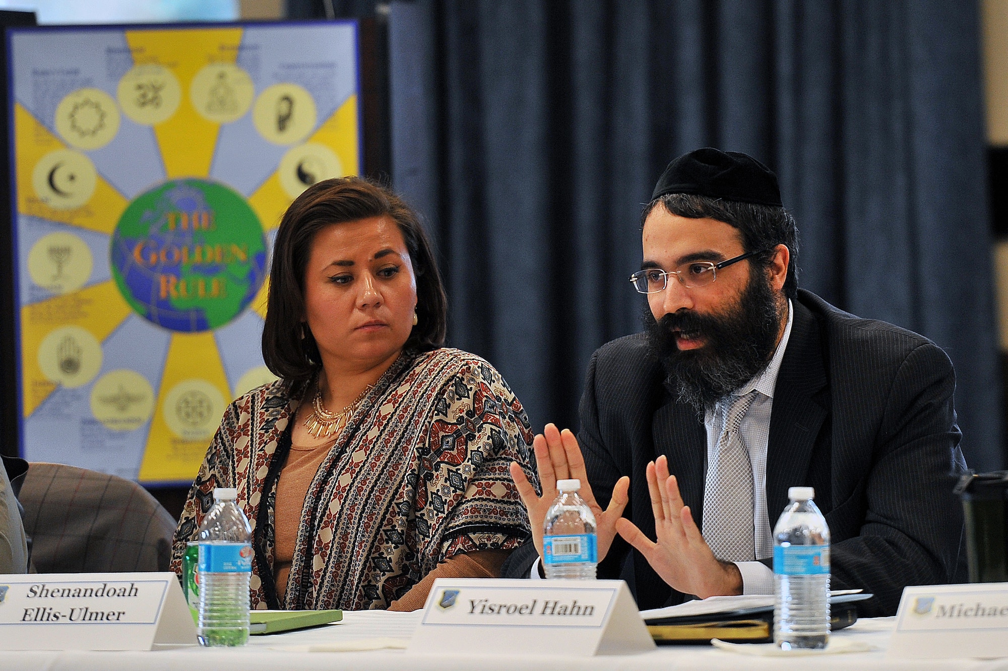 Yisroel Hahn, a local Rabbi and panel member, speaks about the Jewish belief system during a seminar Feb. 5, 2015 at Fairchild Air Force Base, Wash. The seminar panel was comprised of seven different belief systems and allowed Fairchild leaders and representatives to discuss social issues in an open forum. (U.S. Air Force photo/Staff Sgt. Veronica Montes)