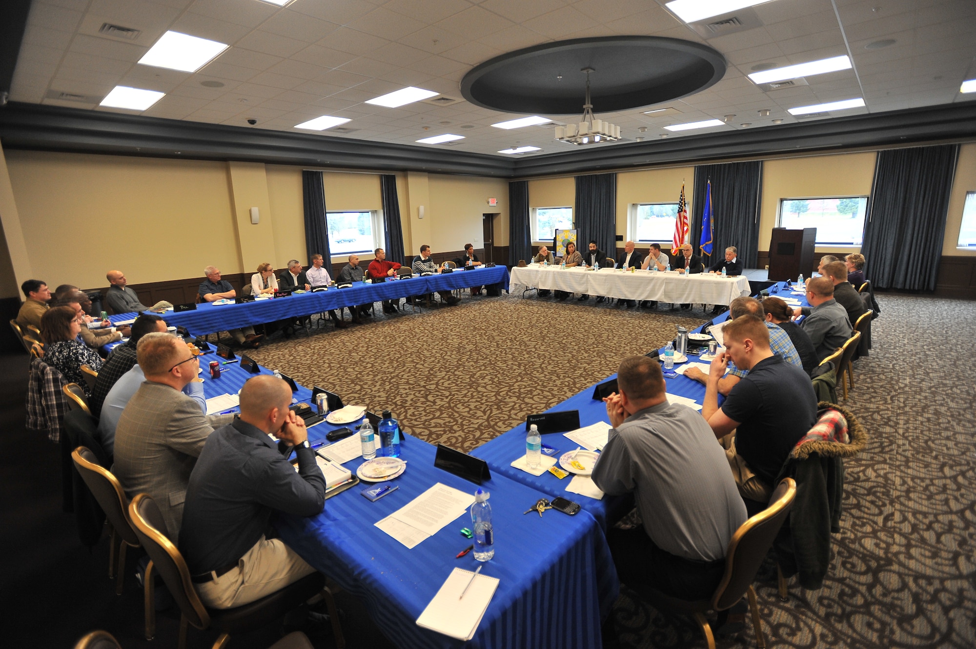Fairchild leaders look on as seven panel members from different belief systems discuss human relations to 30 attendees at a “Let’s Talk” seminar Feb. 5, 2015, at Fairchild Air Force Base, Wash. The belief system representatives from the Spokane community attended the seminar as part of a new initiative allowing Fairchild leaders and representatives to discuss social issues without barriers and concerns of attribution as it relates to their military position. (U.S. Air Force photo/Staff Sgt. Veronica Montes)