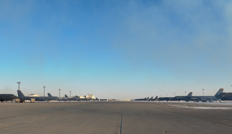 B-52H Stratofortresses line the flightline on Minot Air Force Base, N.D., Feb. 4, 2015. Minot currently has 26 B-52H Stratofortresses assigned to the base. (U.S. Air Force photo/Senior Airman Stephanie Morris)