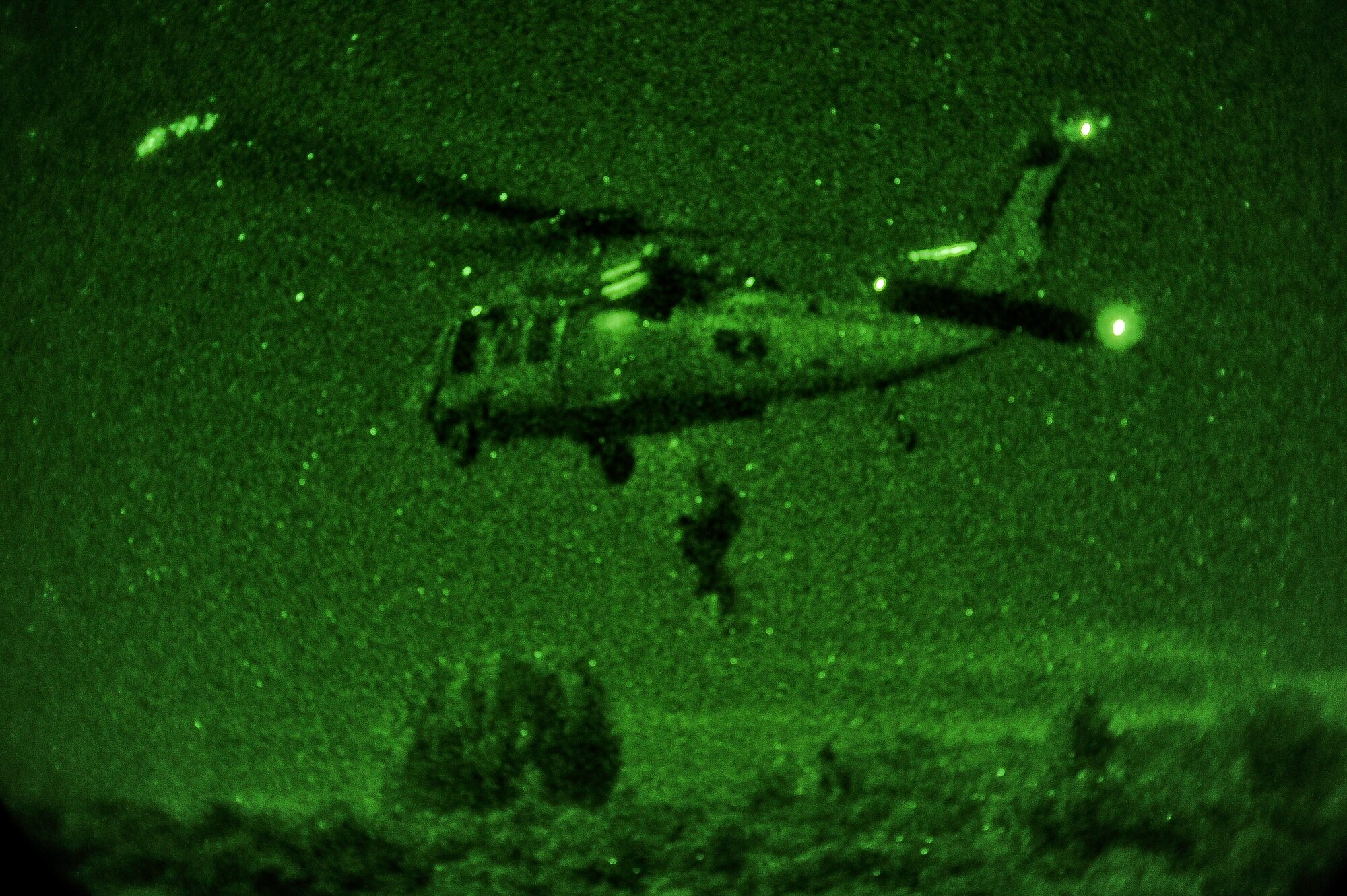 The 66th and 48th Rescue Squadrons unite their forces for a Red Flag 15-1 downed pilot scenario at the Nevada Test and Training Range, Nev. Feb. 6, 2015. In addition to daytime operations, Red Flag conducts training exercises during hours of darkness to train for low visibility environment. (U.S. Air Force photo by Staff Sgt. Darlene Seltmann) 