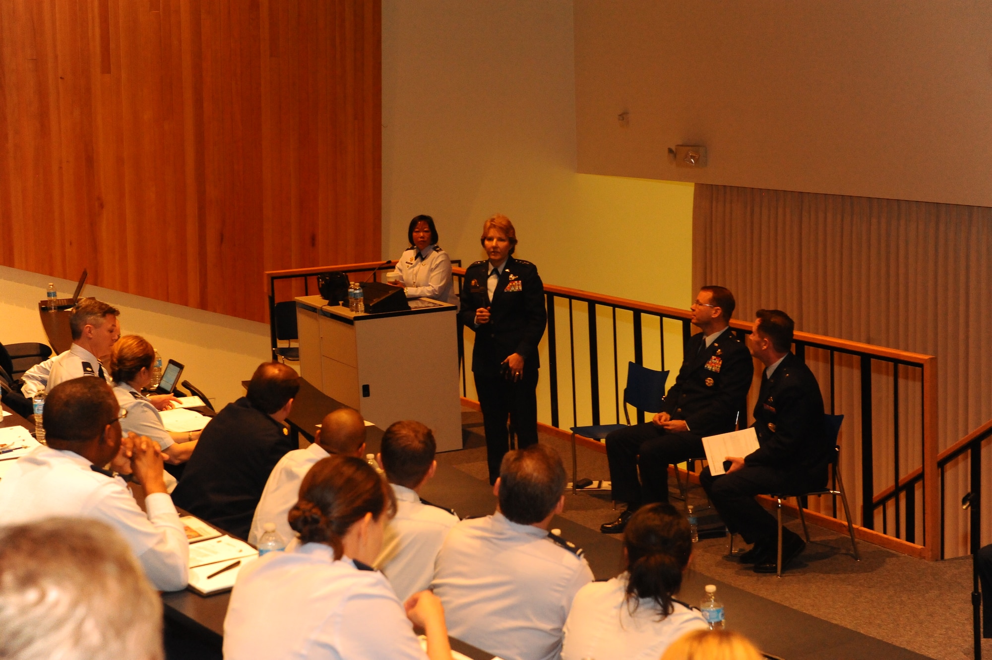 Academy Superintendent Lt. Gen. Michelle D. Johnson addresses a room of Academy liaison officer directors at the Academy Admissions Liaison Symposium in Fairchild Hall Feb. 10, 2015. General Johnson answered questions about standards for cadets and recruiting students for the Academy. (U.S. Air Force photo/Airman 1st Class Rachel Hammes)