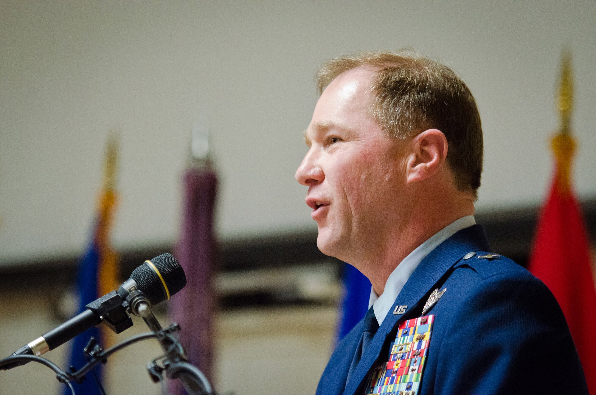 Brig. Gen. Steven P. Bullard, chief of staff for Headquarters, Kentucky Air National Guard, addresses the audience during his promotion ceremony at the Kentucky Air National Guard Base in Louisville, Ky., Feb. 7, 2015. Bullard is responsible to the assistant adjutant general for Air and to the adjutant general for coordination of policy guidance and the direction of more than 8,500 Kentucky Army and Air National Guardsmen. (U.S. Air National Guard photo by Master Sgt. Phil Speck)