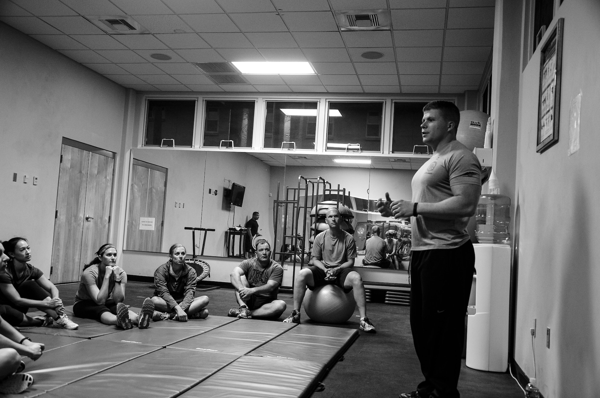 U.S. Air Force Staff Sgt. Dayne Tosi, Survival, Evasion, Resistance and Escape Specialist assigned to Joint Task Force-Bravo operations cell, goes over the basic concept of self-defense to a class of ten students on Soto Cano Air Base, Honduras, Feb. 10, 2015.  The self-defense class was held to teach personnel assigned to JTF-Bravo about the importance of using self-defense to escape a violent situation. (U.S. Air Force photo/Tech. Sgt. Heather Redman)