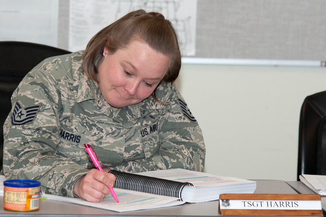 Tech. Sgt. Ashley Harris, U.S. Air Force Air Demonstration Squadron, Nellis
Air Force Base, Nev., highlights notes during an NCO Academy class at
Sheppard Air Force Base, Texas, Feb. 3, 2015. NCOA instructors educate NCOs
to lead Airmen by providing a foundation revolving around critical thinking
and leadership improvement.  (U.S. Air Force Photo Danny Webb/Released)

