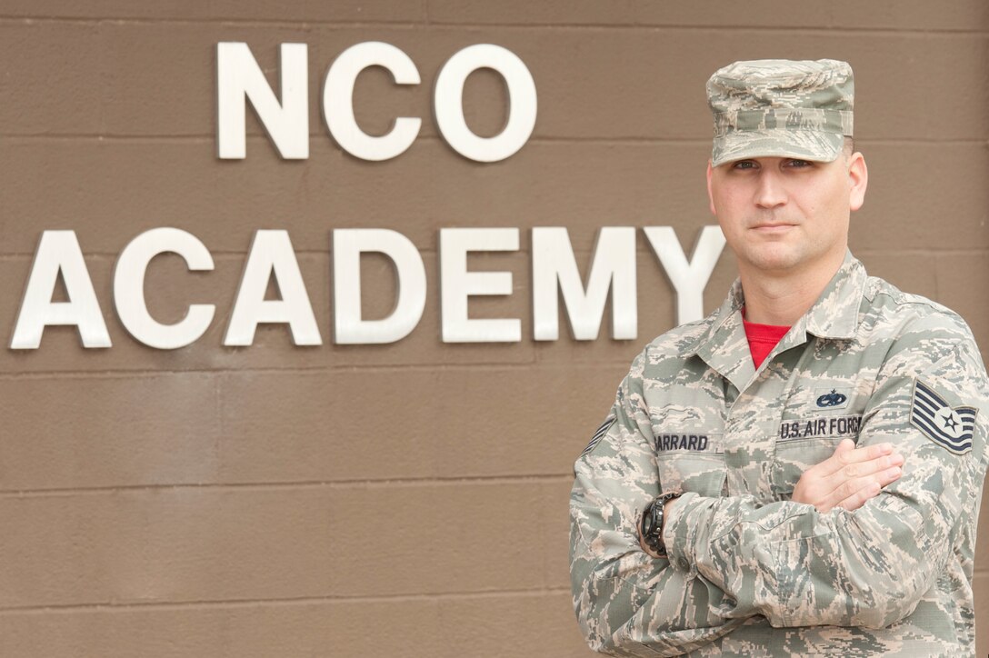 Tech. Sgt.  Adam Garrard, NCO Academy instructor, is one of the many
instructors training fellow Airmen on leadership practices through the NCOA
at Sheppard Air Force Base, Texas, Feb. 3, 2015. Instructors are committed
to carrying out the three U.S. Air Force core values, "integrity first,
service before self, and excellence in all we do". (U.S. Air Force Photo
Danny Webb/Released)
