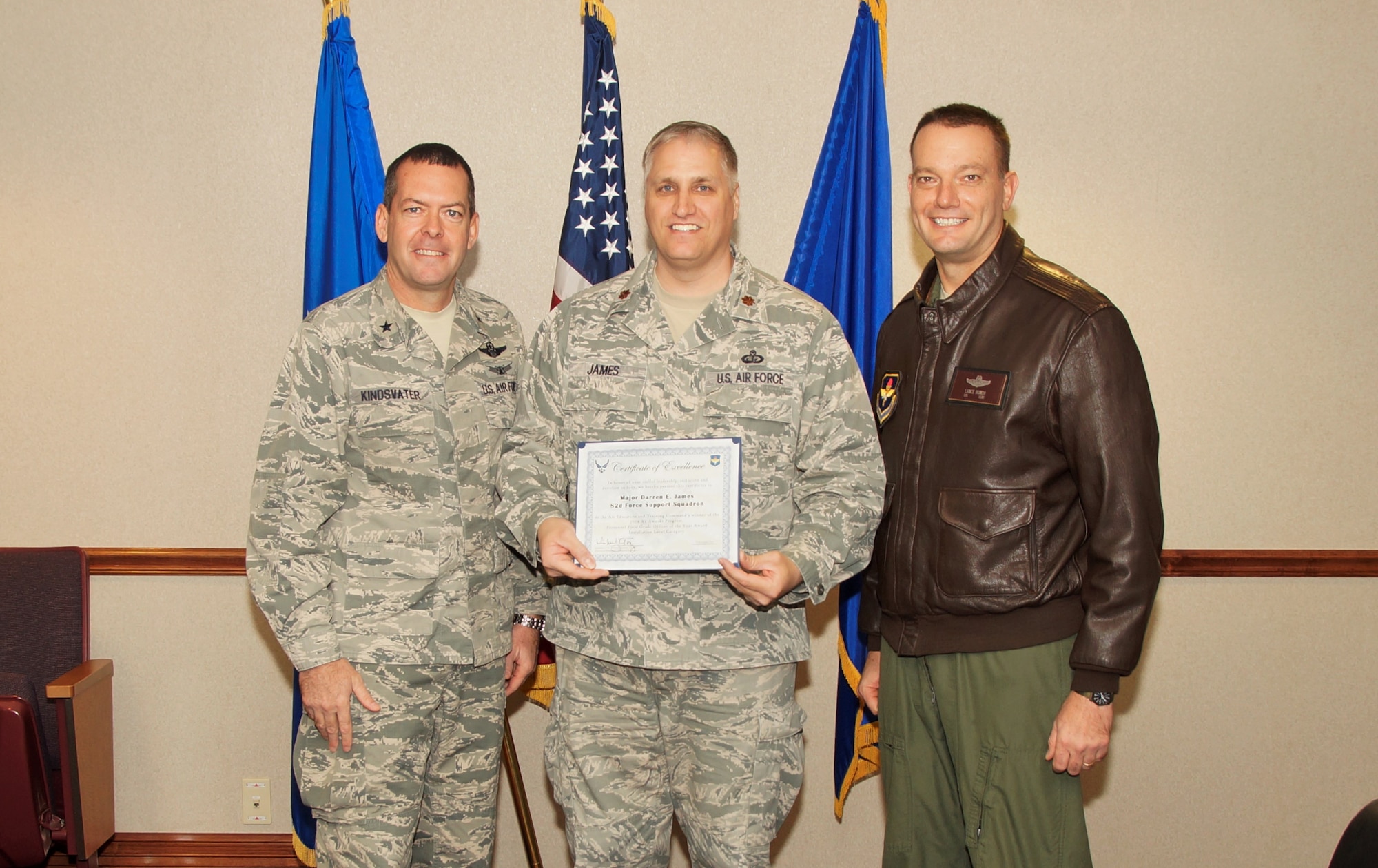 Maj. Darren James, 82nd Training Wing Force Support Squadron was awarded the Air Education and Training Command 2014 A1 Awards Program, Best  Personnel Field Grade Officer of the Year, installation level category at Sheppard Air Force Base, Texas.  James is eligible to compete at the Air Force level which will be released March 2015.