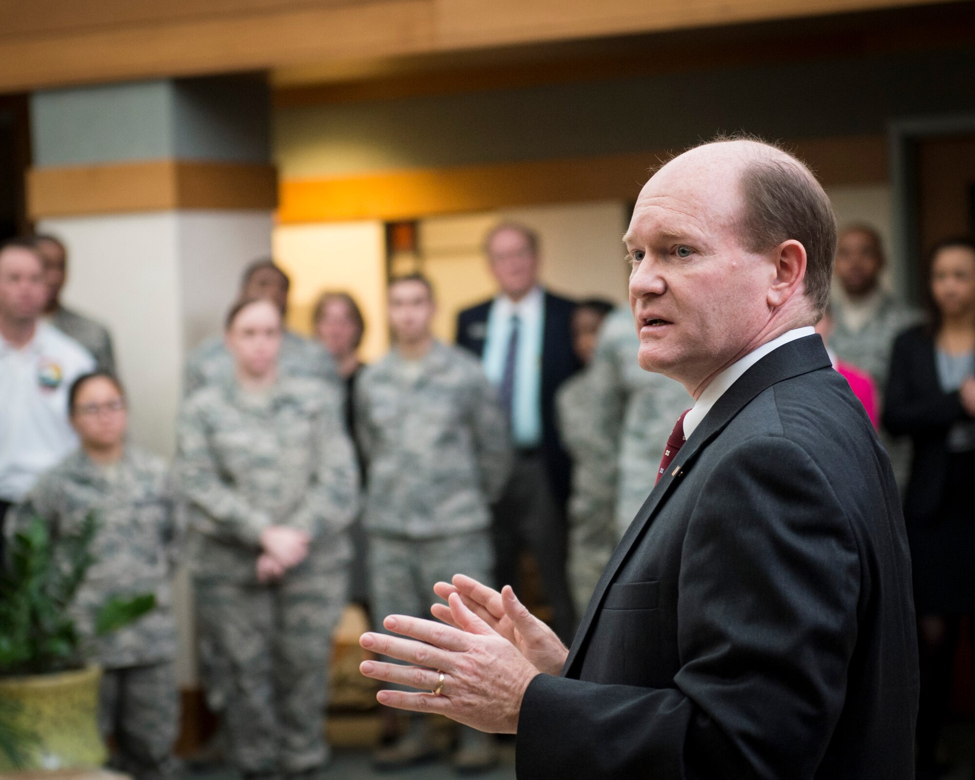 Sen. Chris Coons of Delaware addresses Airmen from Air Force Mortuary Affairs Operations, Dover Air Force Base, Del., Feb. 9, 2015, during a visit to the mortuary. The senator thanked AFMAO for its continued commitment to returning all fallen U.S. service members with dignity, honor and respect. (U.S. Air Force photo by Capt. Ray Geoffroy)
