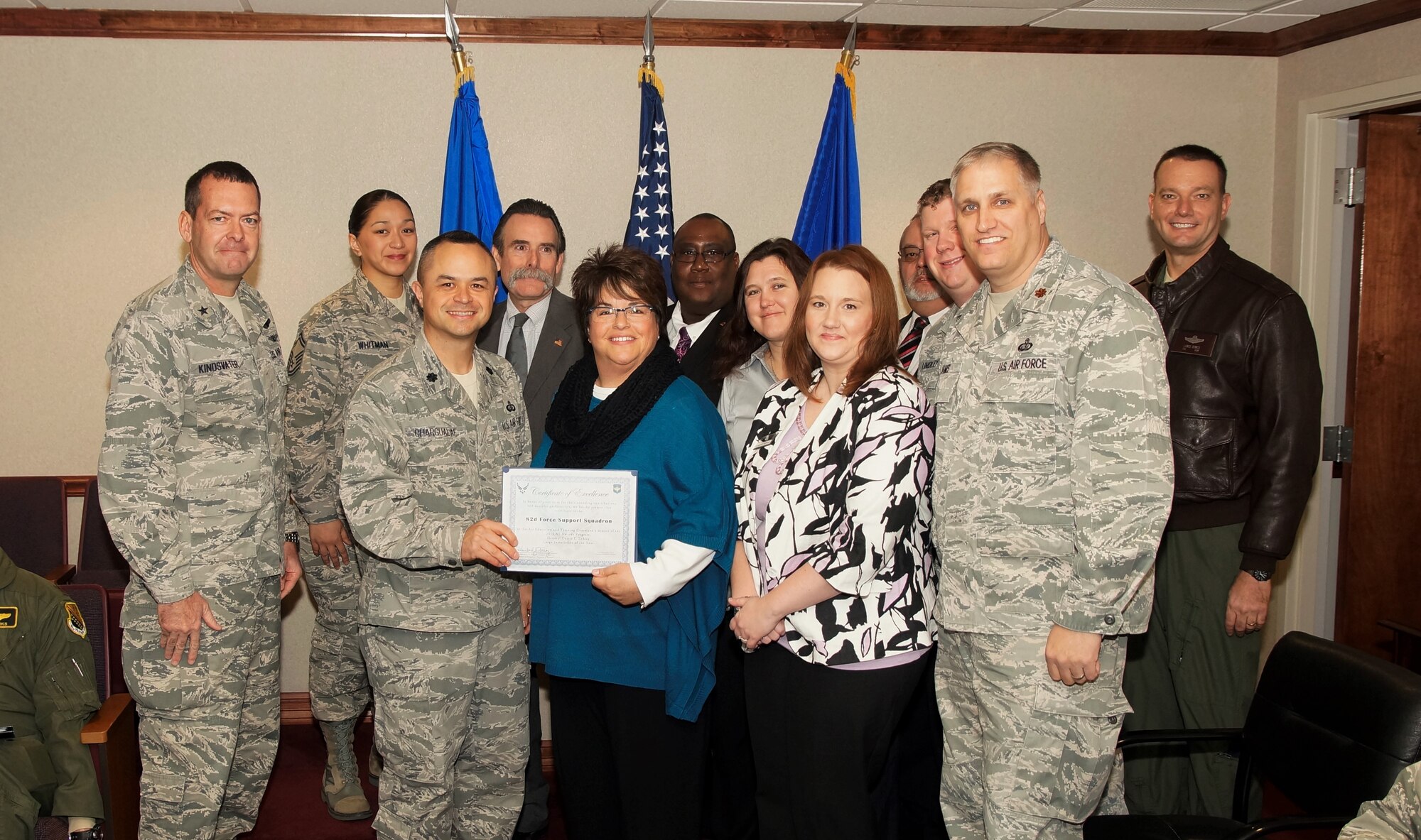 The 82nd Training Wing Force Support Squadron was awarded the Air Education and Training Command 2014 A1 Awards Program, General Curtis E. Lemay, large Installation of the Year award.  The 82 FSS is eligible to compete at the Air Force level which will be released March 2015. 