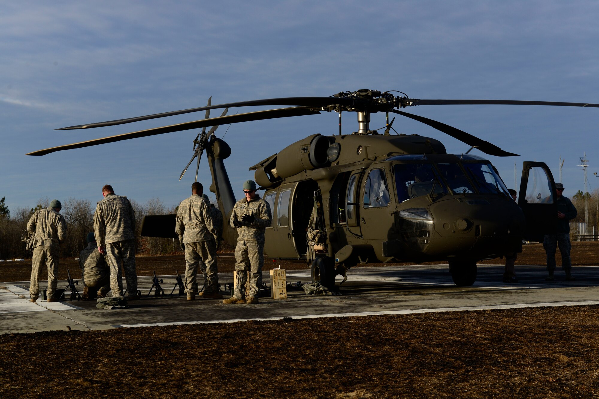 U.S. Army National Guard soldiers assigned to the 1st Battalion, 169th Aviation Regiment, Ft. Bragg, N.C., prepare to train at Poinsett Electronic Combat Range, Sumter, S.C., Feb. 6, 2015. The soldiers used the range Friday and Saturday to train on ground and air gunnery with the M240 machine gun. (U.S. Air Force photo by Airman 1st Class Diana M. Cossaboom/Released)