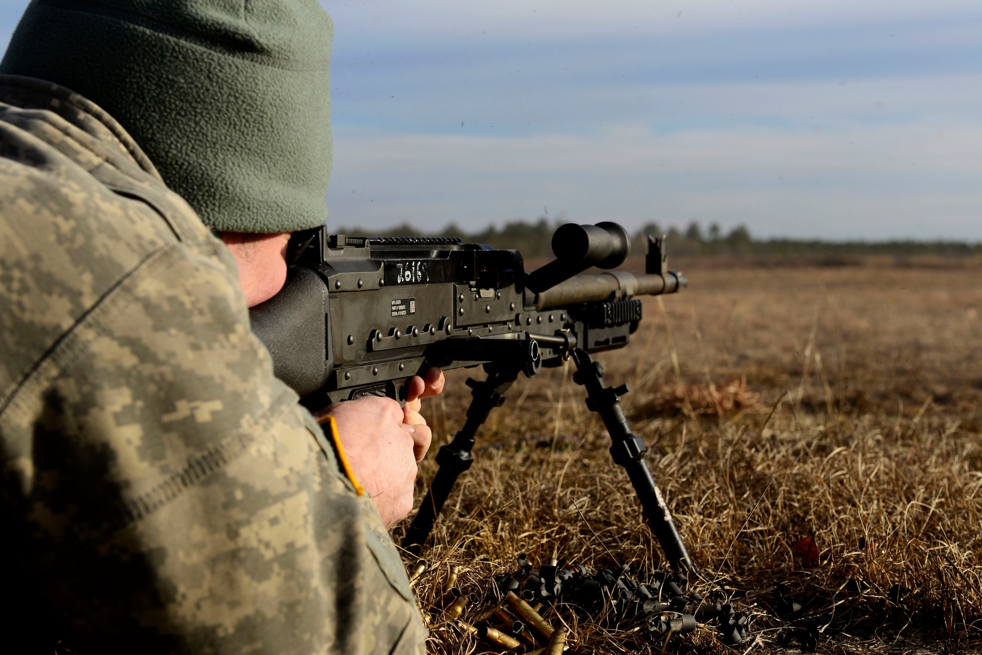 A U.S. Army National Guard soldier assigned to the 1st Battalion, 169th Aviation Regiment, Ft. Bragg, N.C., shoots an M240 machine gun at Poinsett Electronic Combat Range, Sumter, S.C., Feb. 6, 2015. In 2013, 172,160 bullets were shot at the range including 20 mm, 7.62 mm, and 50 caliber bullets. (U.S. Air Force photo by Airman 1st Class Diana M. Cossaboom/Released)