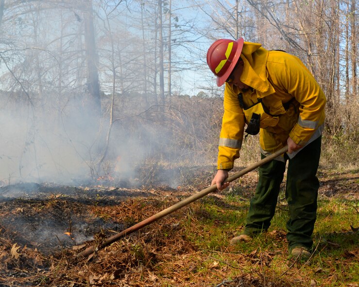 Daniel Warehime, 2nd Civil Engineer Squadron biological science technician, puts out a few stray embers during a controlled burn on Barksdale Air Force Base, La., Feb. 9, 2015. Forestry technicians conducted a controlled burn on the east reservation to reduce underbrush which limits potential damage in case of a wildfire (U.S. Air Force photo/Senior Airman Benjamin Raughton)