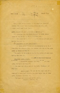 This newsletter, written for aircraft gunners and observers, describes the proper tactics of defensive shooting against enemy pursuit aircraft. These lessons were part of the core training received by American observers in France during World War I. This newsletter returned home with Lt. Harry F. Slarb, an observer with 9th Aero Squadron. (U.S. Air Force photo)