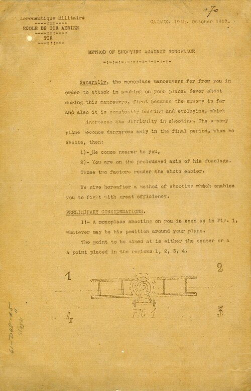 This newsletter, written for aircraft gunners and observers, describes the proper tactics of defensive shooting against enemy pursuit aircraft. These lessons were part of the core training received by American observers in France during World War I. This newsletter returned home with Lt. Harry F. Slarb, an observer with 9th Aero Squadron. (U.S. Air Force photo)