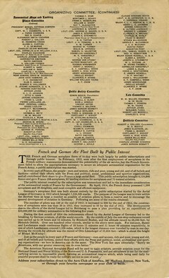 The National Aeroplane Fund was sanctioned by the Aero Club of America in response to perceived military and political disinterest in aeronautics. Established in summer 1915, the group lobbied Congress to increase funding for military aeronautics and independently instituted programs to develop aviation in the National Guard and to form a civilian aviation reserve. (U.S. Air Force photo)