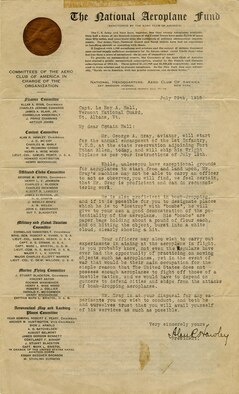 The National Aeroplane Fund was sanctioned by the Aero Club of America in response to perceived military and political disinterest in aeronautics. Established in summer 1915, the group lobbied Congress to increase funding for military aeronautics and independently instituted programs to develop aviation in the National Guard and to form a civilian aviation reserve. (U.S. Air Force photo)
