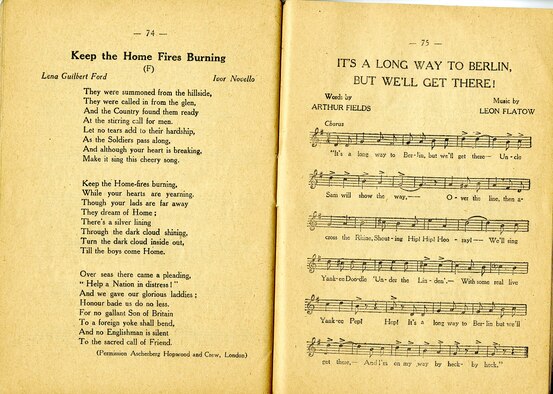 This song booklet, compiled and distributed by the YMCA, was a staple among the soldiers of the American Expeditionary Forces during World War I. (U.S. Air Force photo)