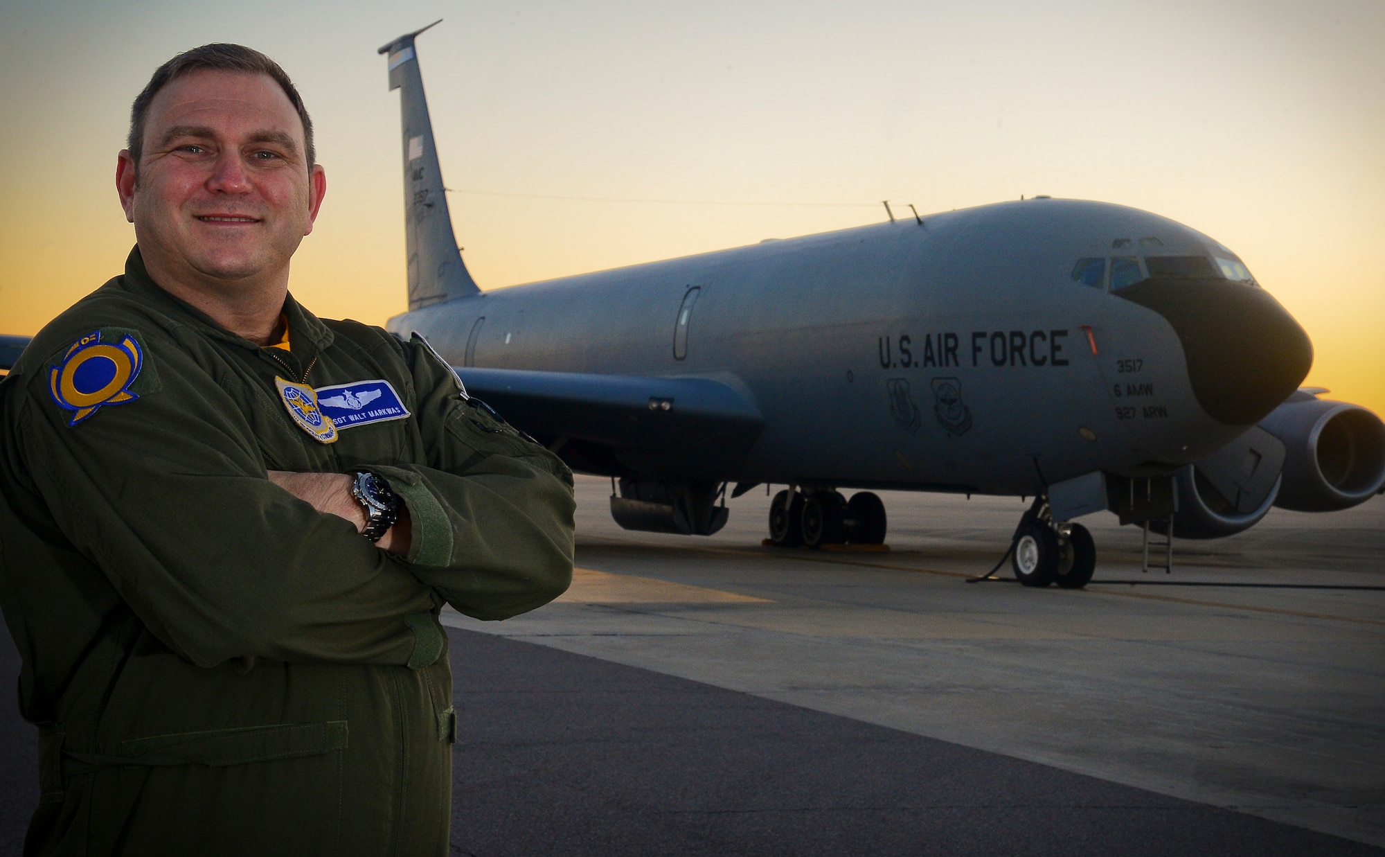 Senior Master Sgt. Walt Markwas, 91st Air Refueling Squadron boom operator, stands in front of a KC-135 Stratotanker at MacDill Air Force Base, Fla., Jan. 28, 2015. Markwas has been a boom operator on the KC-135 for the past 15 years and is retiring after more than 26 years of service June 1. (U.S. Air Force photo by Senior Airman Ned T. Johnston/Released)