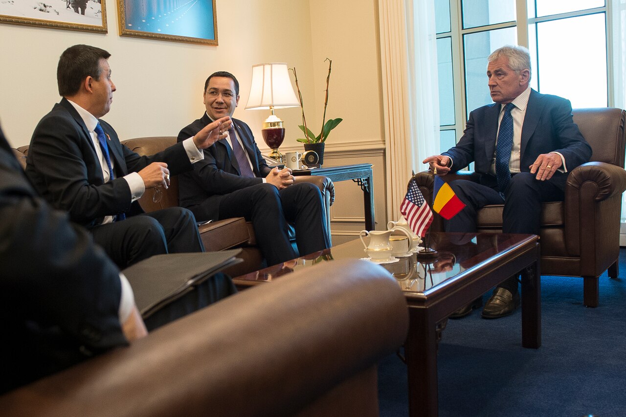 Defense Secretary Chuck Hagel meets with Romanian Prime Minister Victor Ponta at the Pentagon to discuss NATO and coalition operations, Feb. 11, 2015. DoD photo by U.S. Navy Petty Officer 2nd Class Sean Hurt