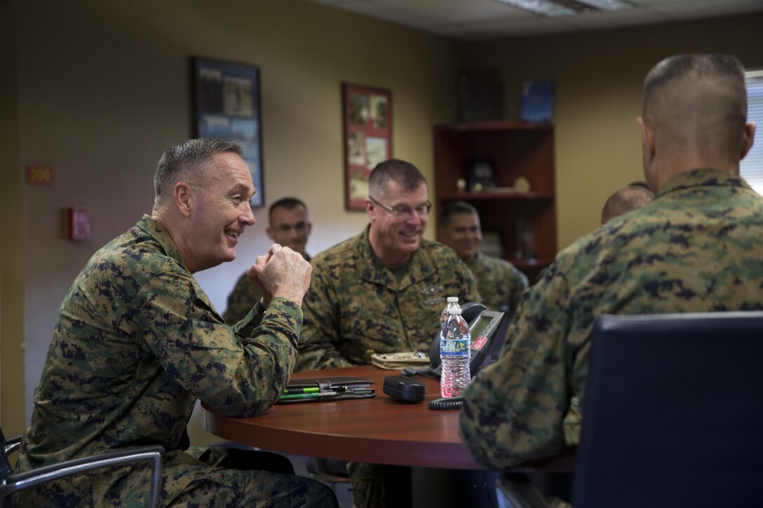Gen. Joseph Dunford, left, commandant of the Marine Corps, greets I Marine Expeditionary Force key personnel aboard Marine Corps Base Camp Pendleton, Calif., Feb. 10. The commandant also spoke with commanders, noncommissioned officers and junior Marines during his visit.
