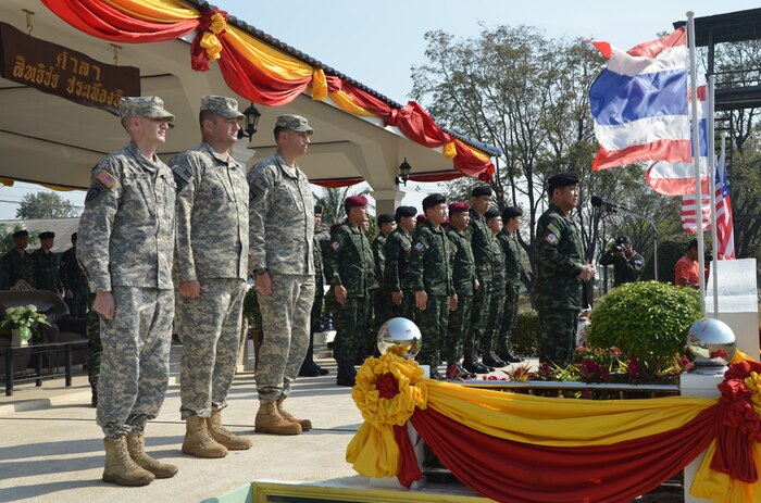 LOP BURI, Thailand (Feb. 10, 2015) - Major General Pongsawat Panchit, Commanding General of the 1st Infantry Division, King's Guard, welcomes the 2nd Stryker Brigade Combat Team, 25th Infantry Division, to Thailand during an opening ceremony for Cobra Gold 15 at Camp 31-1, near Lop Buri. During his speech, Pongsawat expressed his pleasure to be working with the U.S. Army during military exercise Cobra Gold 15. 