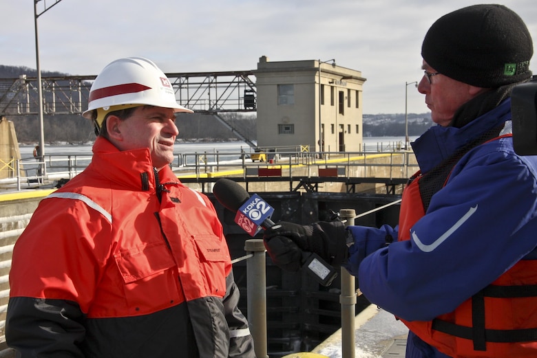 Mark Jones, chief, Engineering and Construction Division, provides comments to KDKA Reporter Andy Sheehan during a visit at Montgomery Locks and Dam. 