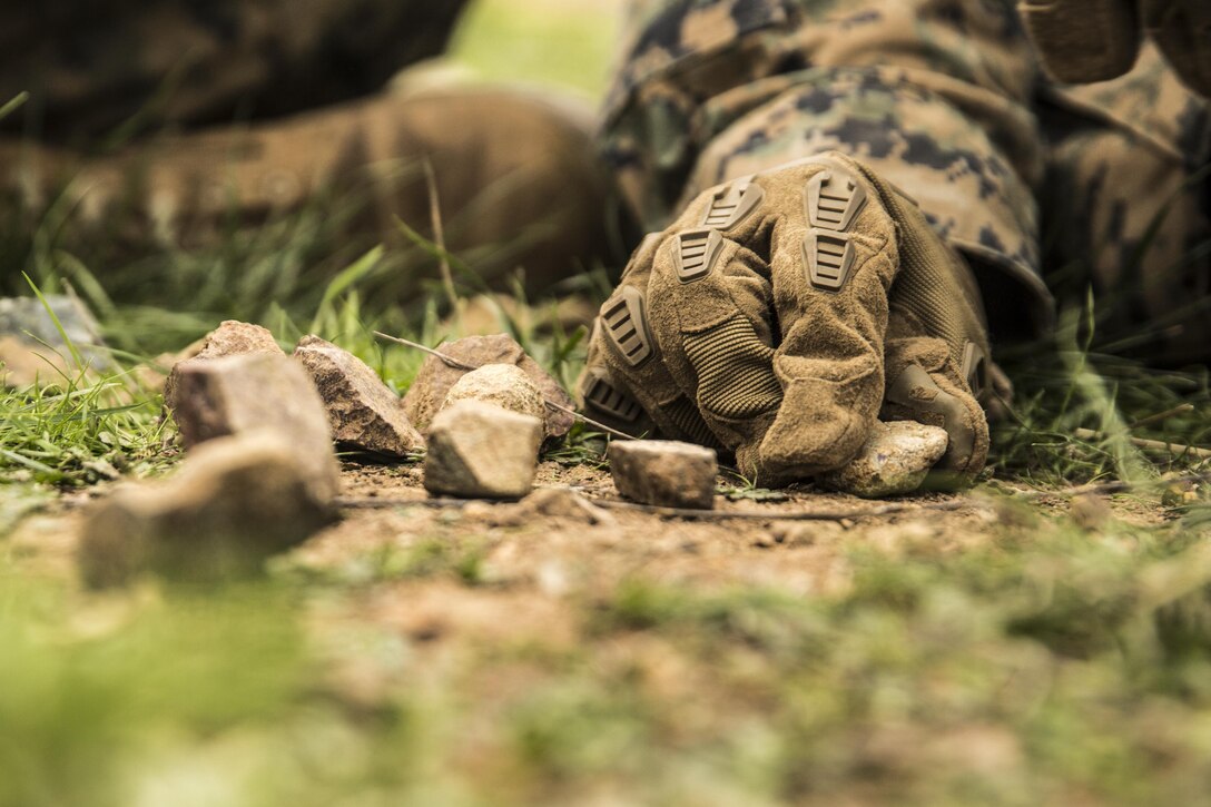 U.S. Marine Lance Cpl. Alexander Dalziel uses rocks to illustrate his plan during squad tactics and maneuver training aboard Camp Pendleton, Calif., Jan. 29, 2015. Dalziel is a team leader with Kilo Company, Battalion Landing Team 3rd Battalion, 1st Marine Regiment, 15th Marine Expeditionary Unit. As the ground combat element for the 15th MEU, BLT 3/1 is preparing for their upcoming deployment by enhancing their combat skills and learning to work as a cohesive unit. (U.S. Marine Corps Photo by Sgt. Emmanuel Ramos/Released)